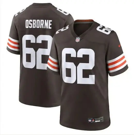 Brown Justin Osborne Cleveland Browns Nike Game Jersey with orange and white striped sleeves and number 62