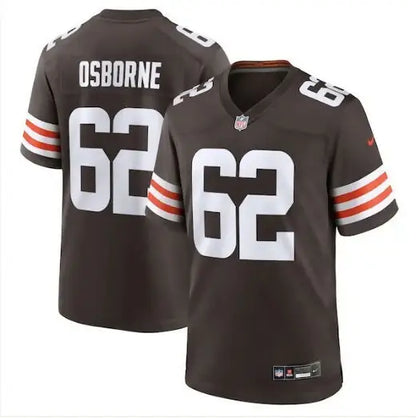 Brown Justin Osborne Cleveland Browns Nike Game Jersey with orange and white striped sleeves and number 62