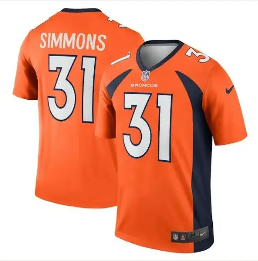 Two orange and navy blue Justin Simmons Denver Broncos Nike Legend jerseys on display
