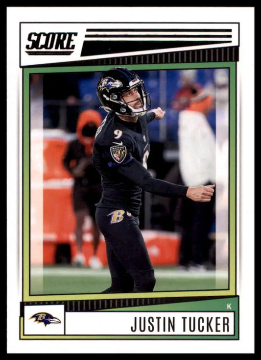 Justin Tucker football card from 2022 Score series featuring Baltimore Ravens player