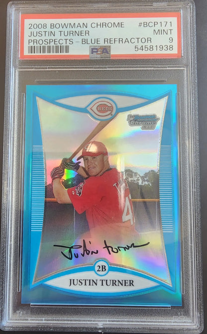 PSA-graded 2008 Bowman Chrome Blue Refractor Justin Turner autographed rookie card