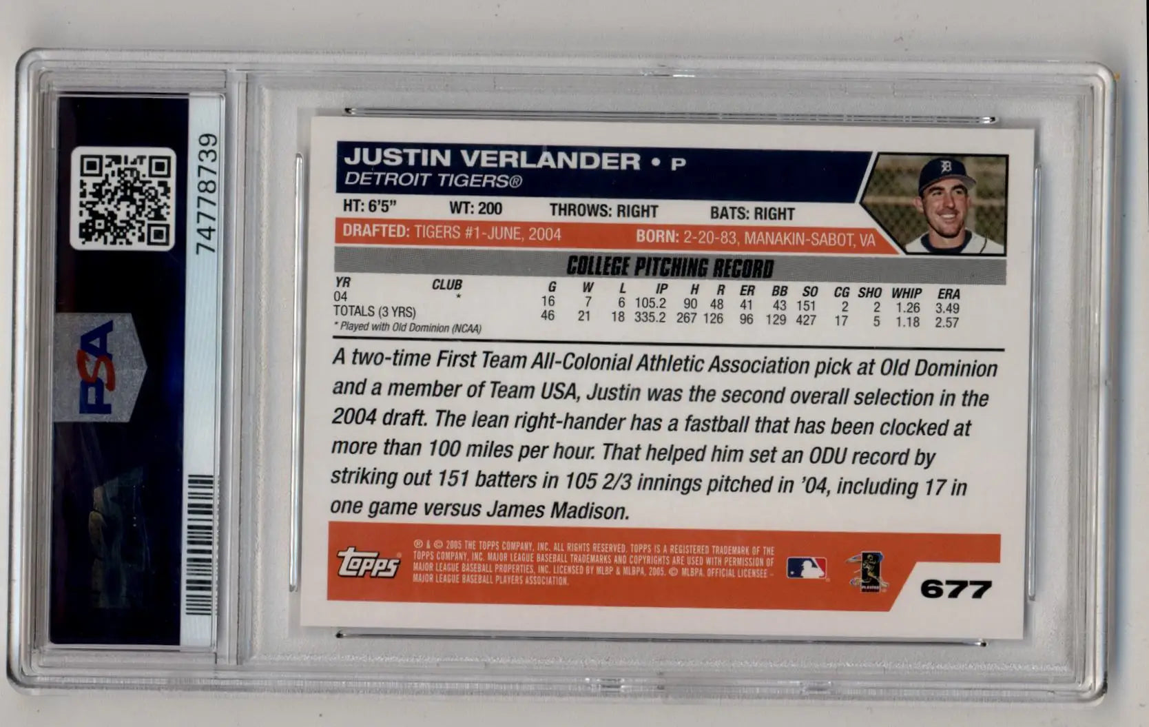 Graded Justin Verlander Topps 1st Edition baseball card PSA 9 Mint