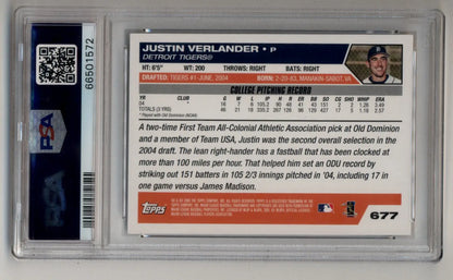 Graded Justin Verlander rookie PSA 10 Gem Mint baseball card from 2005 Topps