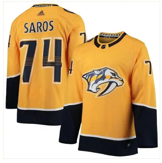 Two yellow Nashville Predators hockey jerseys with dark blue accents, featuring Juuse Saros player details