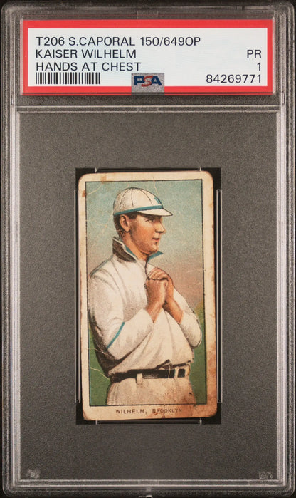 PSA-graded Kaiser Wilhelm T206 Sweet Caporal baseball card in white uniform with bat