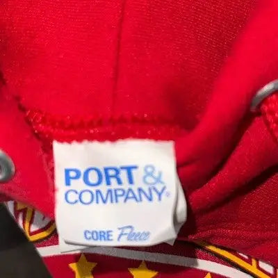 Red kansas city hoodie with PORT & COMPANY CORE Fleece tag, NFL official team gear