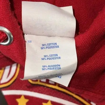 Red Kansas City Chiefs Super Bowl Champions hoodie with fabric content label in XL size