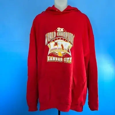 Red Kansas City Chiefs Super Bowl LIV Champions hoodie displayed in official NFL team gear