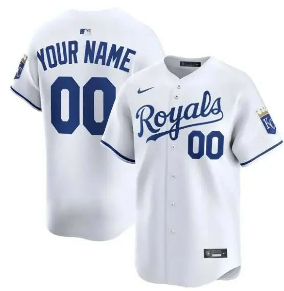 White Kansas City Royals Nike Home Limited Custom Baseball Jersey on display