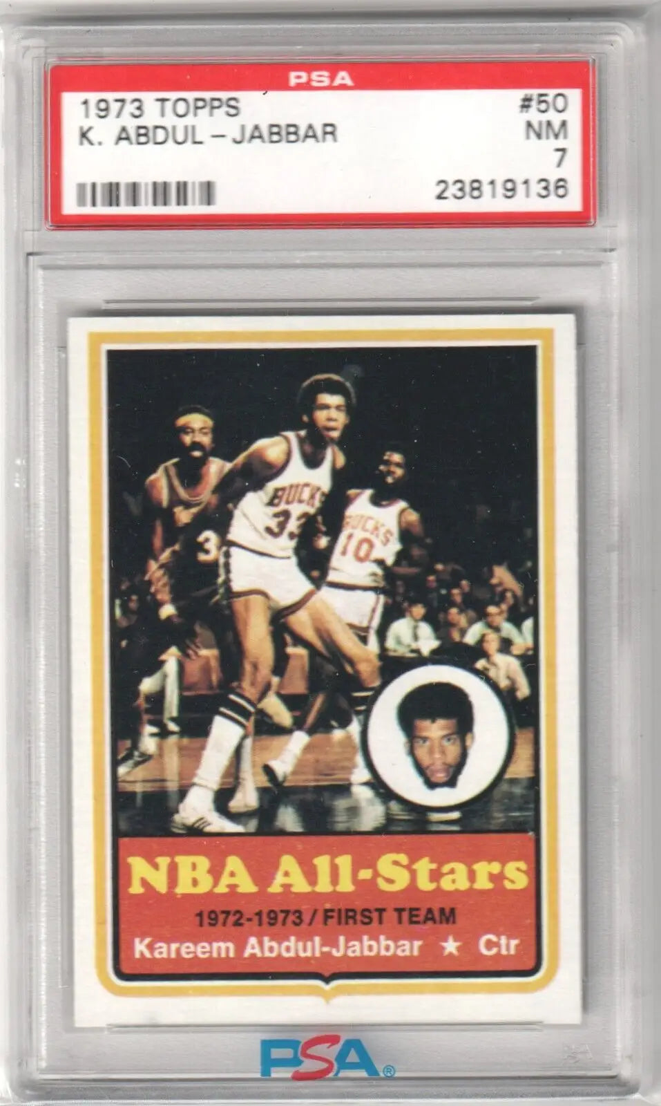 Graded 1973 Topps Kareem Abdul-Jabbar basketball card in video game cases from Columbia Hobby