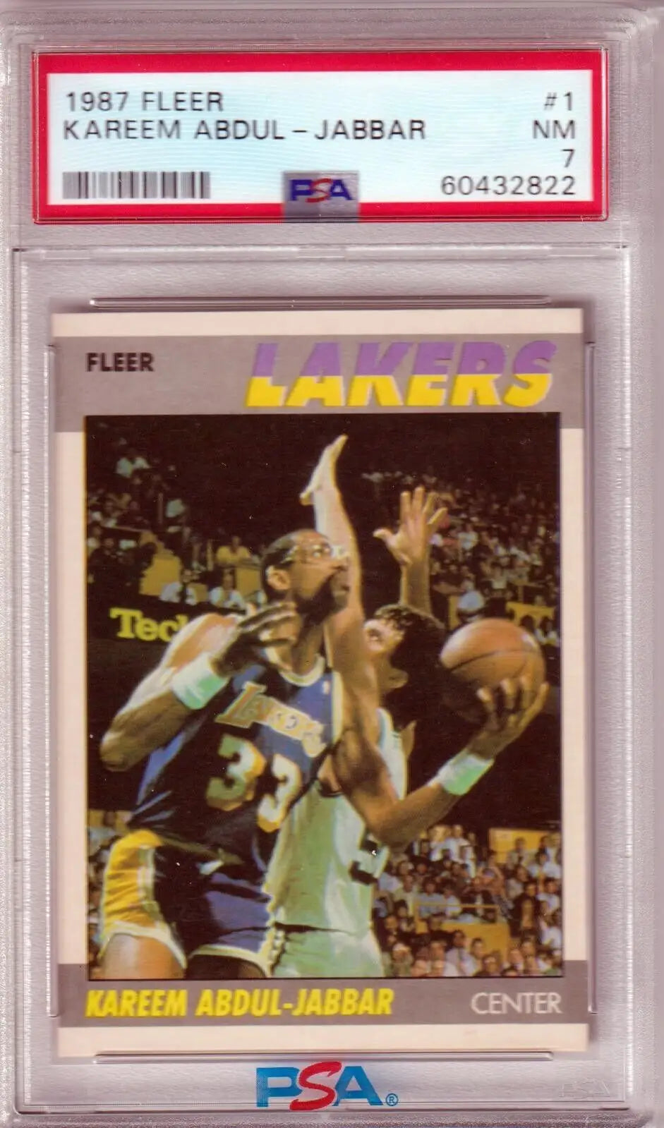 Graded 1987 Fleer Kareem Abdul-Jabbar basketball card from Columbia Hobby, PSA 7 NM