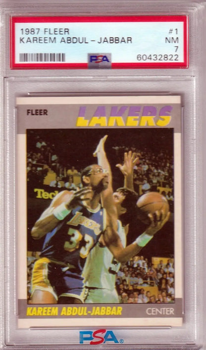 Graded 1987 Fleer Kareem Abdul-Jabbar basketball card from Columbia Hobby, PSA 7 NM