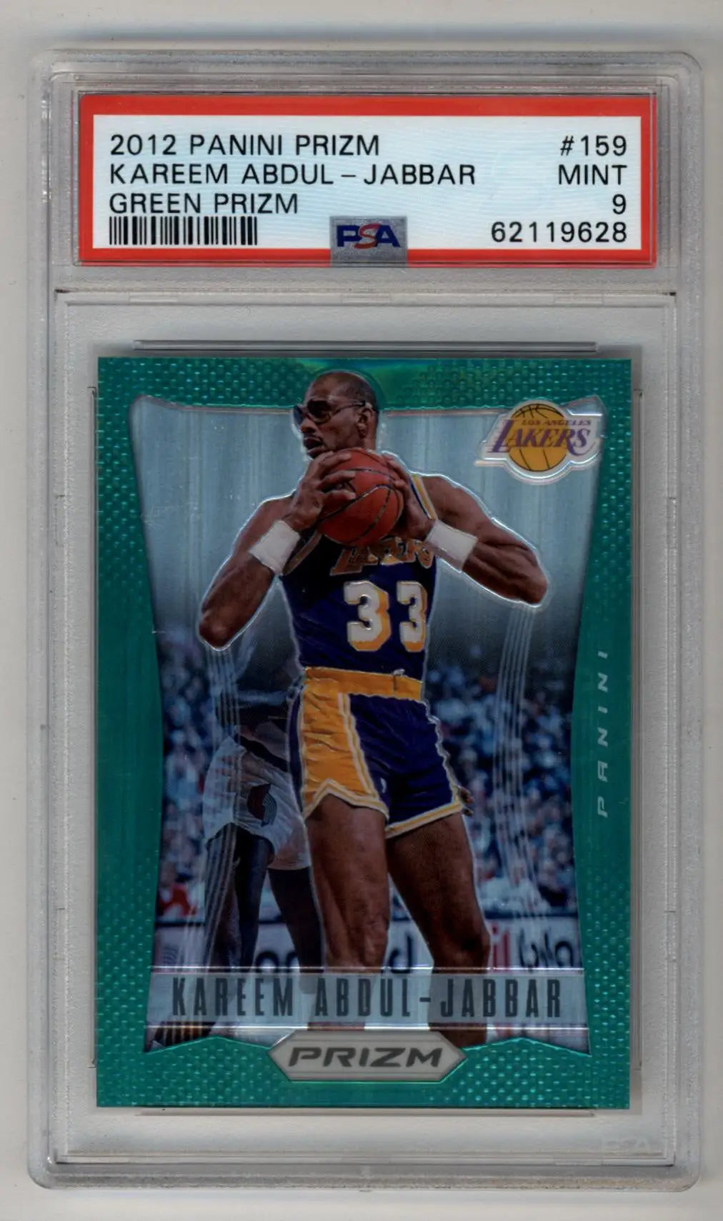 PSA-graded 2012 Panini Prizm Kareem Abdul-Jabbar Green Prizm basketball card, Mint 9