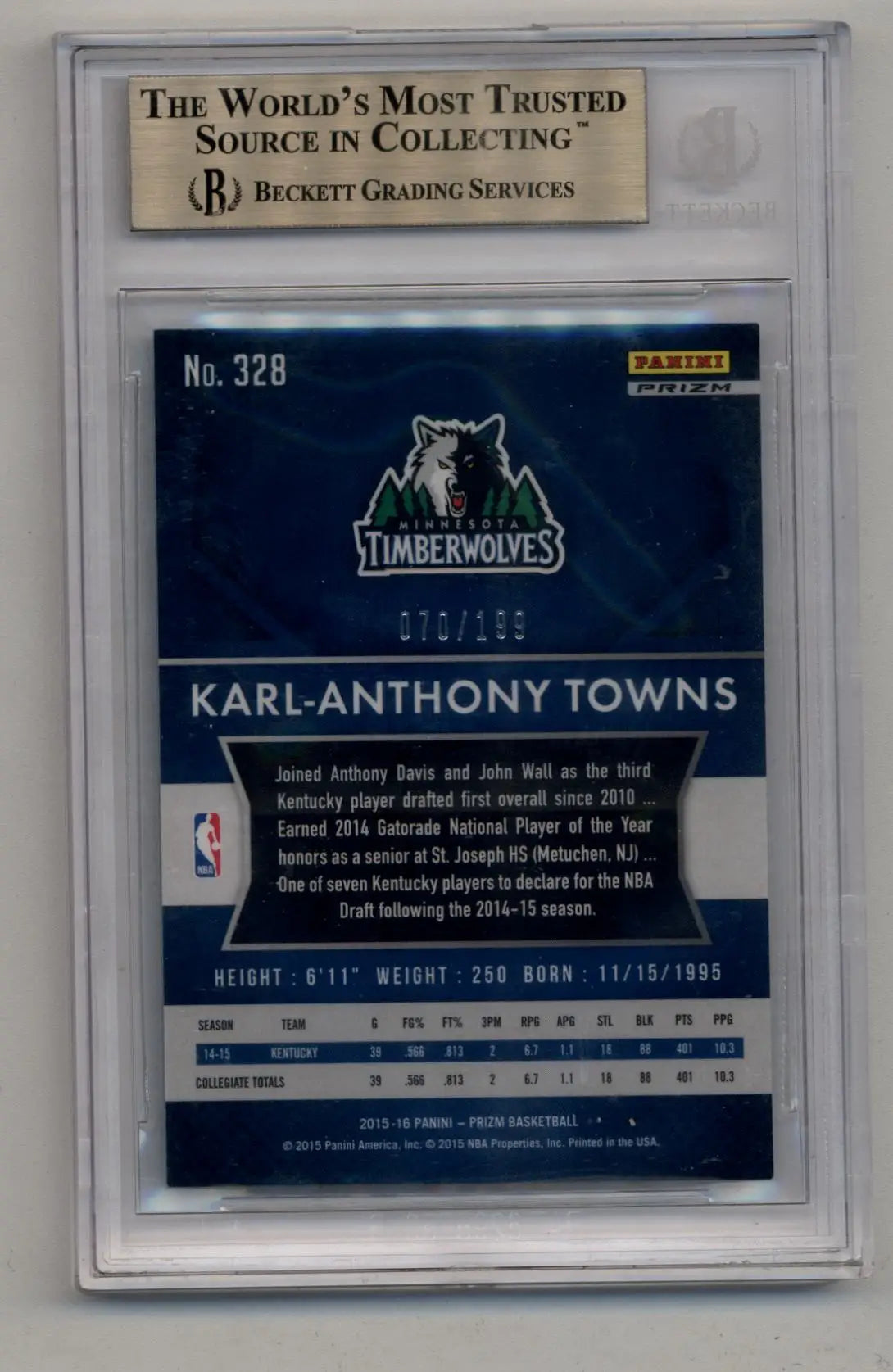 BGS-graded Karl-Anthony Towns Prizm Ruby trading card in Gem Mint condition