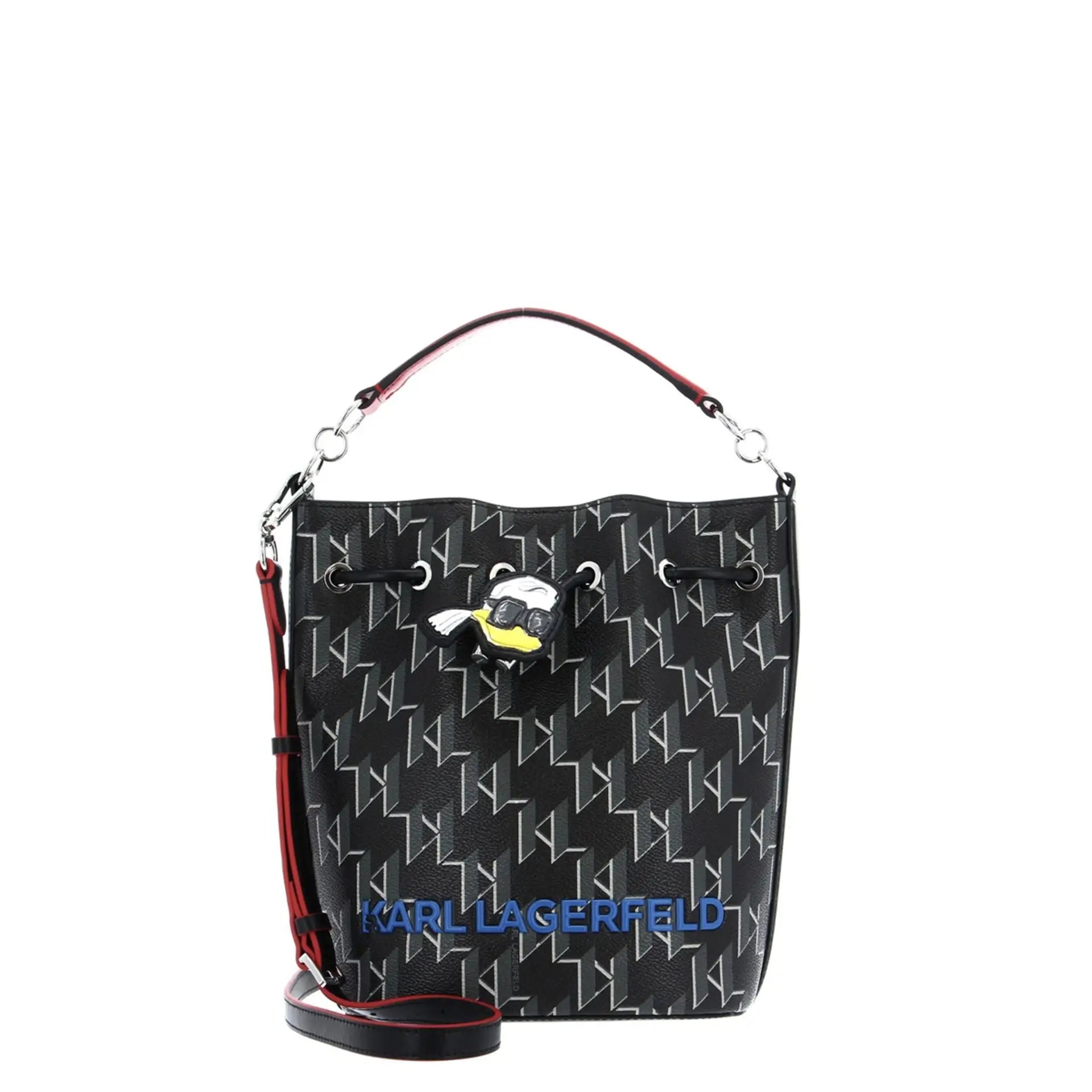 Black Karl Lagerfeld bucket bag with white KL monogram print, cartoon charm, and red accents featuring shoulder strap