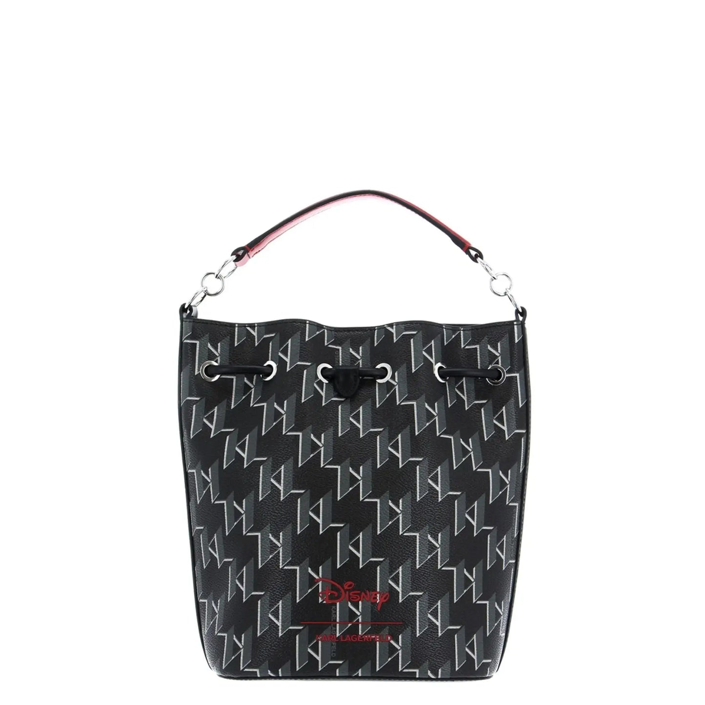 Black and white Karl Lagerfeld monogram bucket bag with pink and black shoulder strap