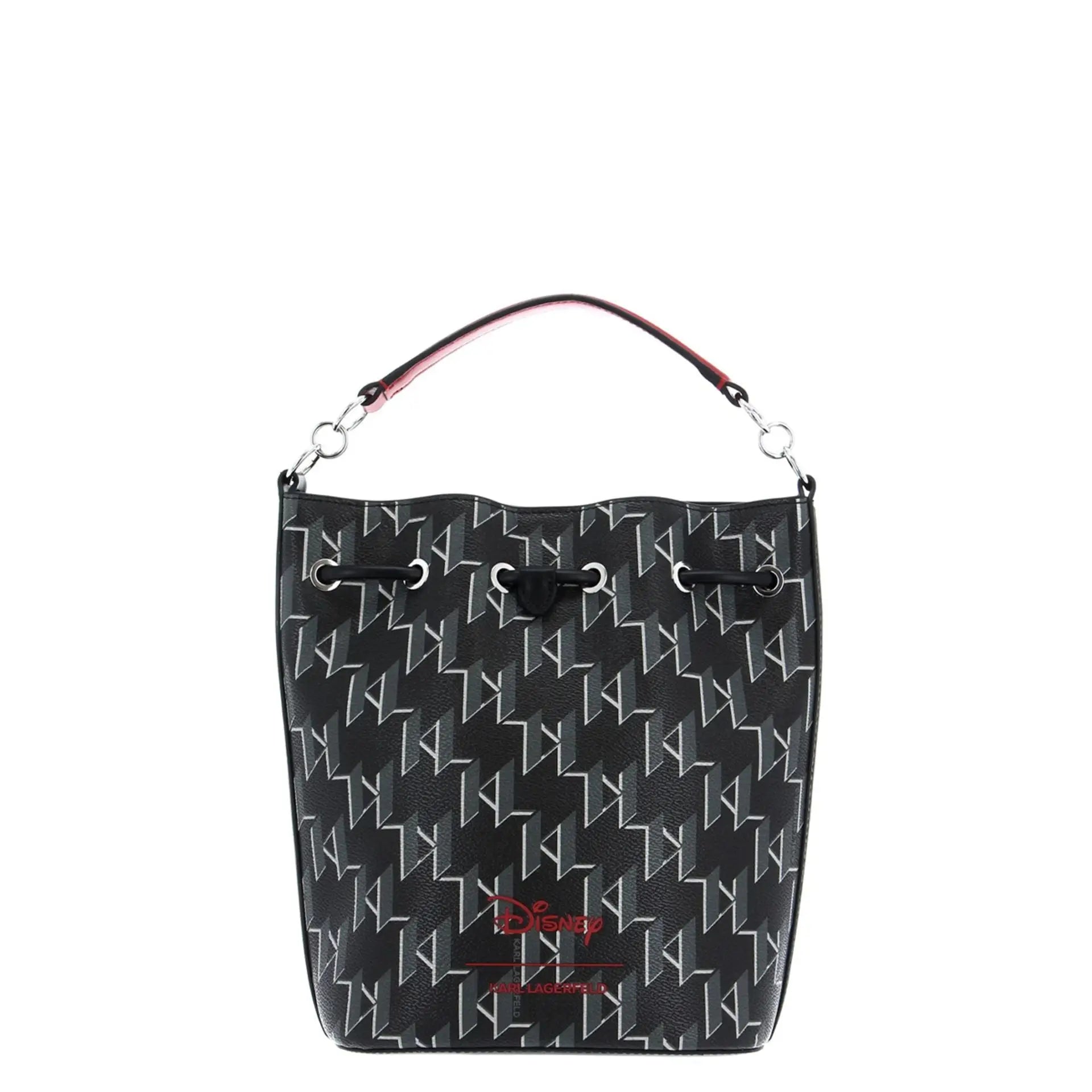 Black and white Karl Lagerfeld monogram bucket bag with pink and black shoulder strap