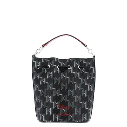 Black and white Karl Lagerfeld monogram bucket bag with pink and black shoulder strap