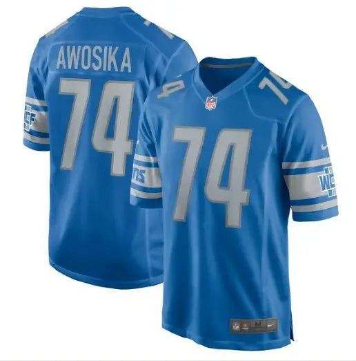 Blue Detroit Lions Kayode Awosika NFL jersey displayed in Nike Home Game Player Jersey