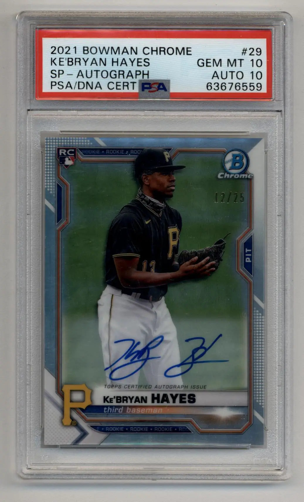 Graded Ke’Bryan Hayes Bowman Chrome Auto baseball card with autograph and PSA 10 grade