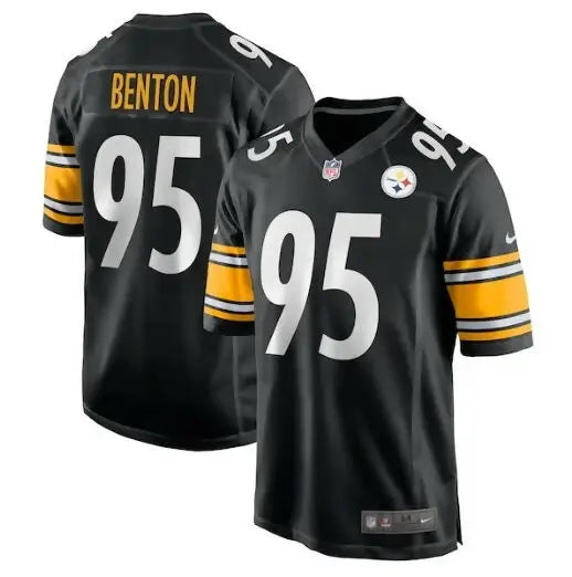 Black Pittsburgh Steelers Keeanu Benton football jersey with yellow accents and number 95