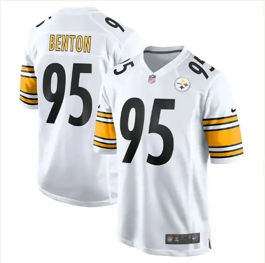 White Pittsburgh Steelers Keeanu Benton Nike Game Jersey with black number 95 and yellow black striped sleeves