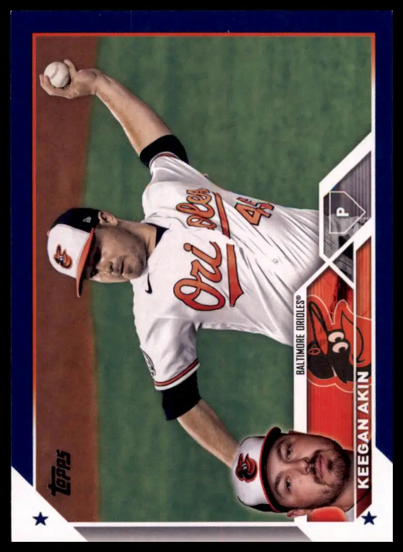 Keegan Akin baseball card from 2023 Topps Royal Blue series featuring Baltimore Orioles