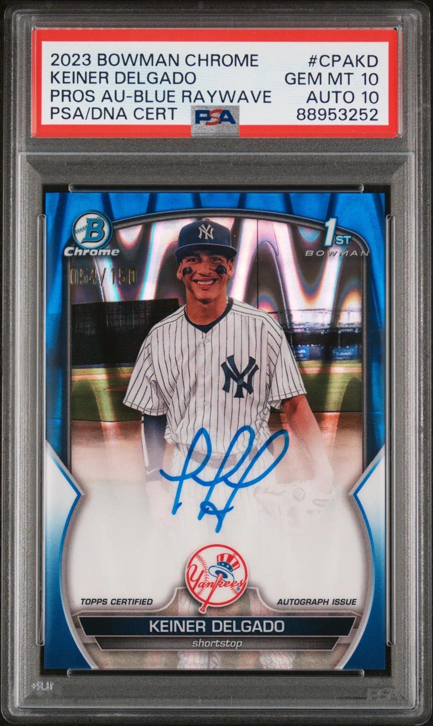 Graded Keiner Delgado 2023 Bowman Chrome Blue Raywave Auto card with autograph, PSA 10
