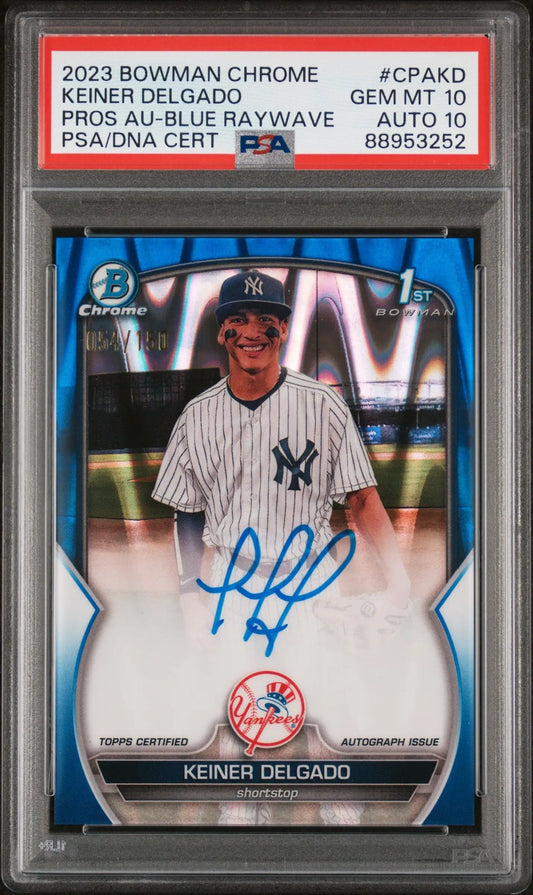 Graded Keiner Delgado 2023 Bowman Chrome Blue Raywave Auto card with autograph, PSA 10
