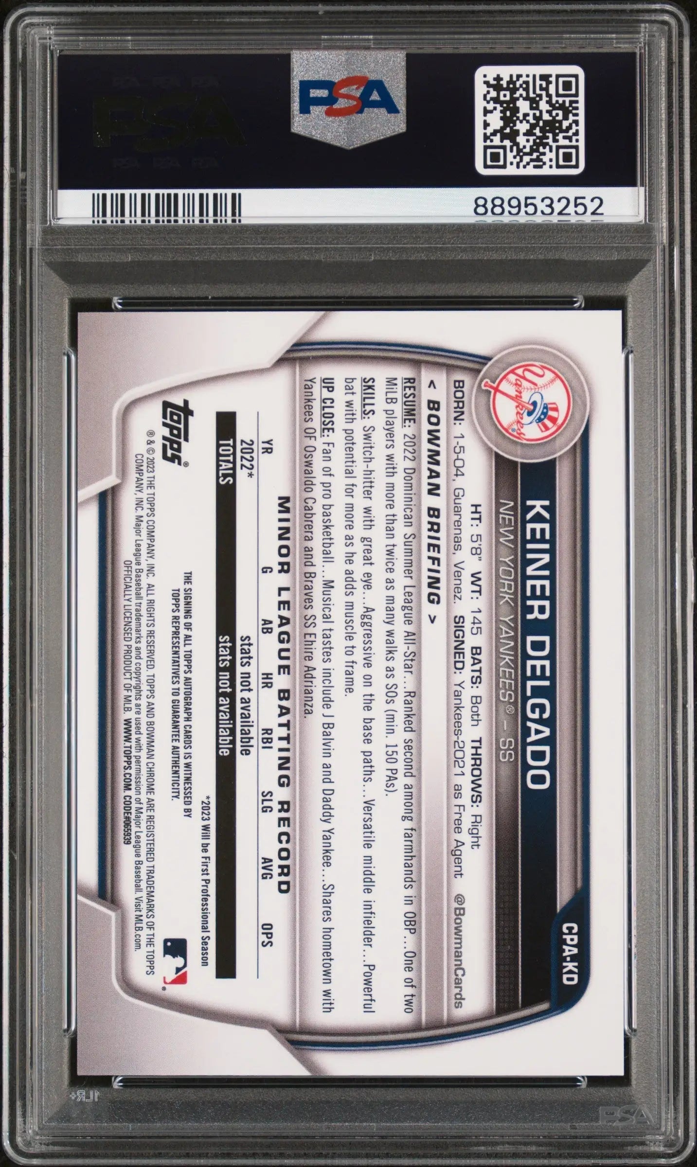 Graded Keiner Delgado 2023 Bowman Chrome Blue Raywave Auto card in PSA 10 condition