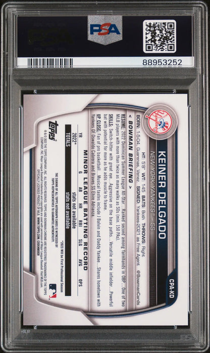 Graded Keiner Delgado 2023 Bowman Chrome Blue Raywave Auto card in PSA 10 condition