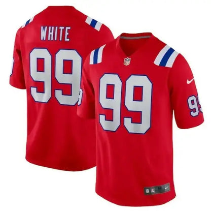 Red Keion White New England Patriots Nike jersey with white number 99 and blue and white shoulder stripes