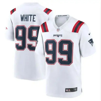 White Keion White New England Patriots Nike Game Jersey front and back view