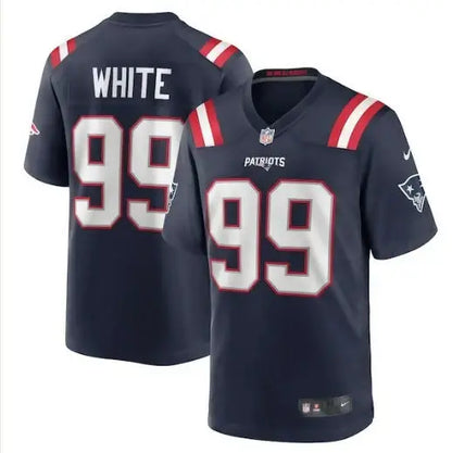 Keion White New England Patriots Nike navy football jersey displayed in product image
