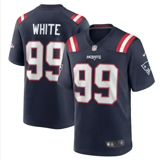 Keion White New England Patriots Nike navy football jersey displayed in product image