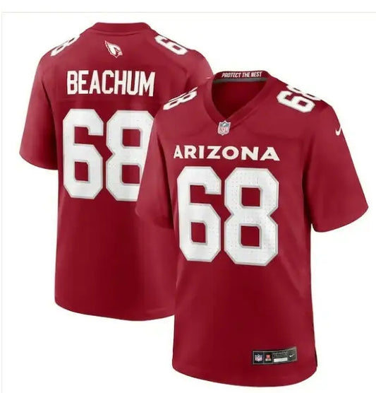 Red Arizona Cardinals football jersey with number 68 and BEACHUM on the back
