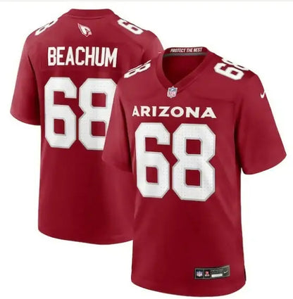 Red Arizona Cardinals NFL football jersey with number 68 and BEACHUM name on Nike team jersey