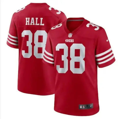 Red San Francisco 49ers Nike Game Jersey with number 38 and HALL name on back