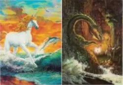 White horse galloping through colorful waves in Ken Barr Trading Cards promo set