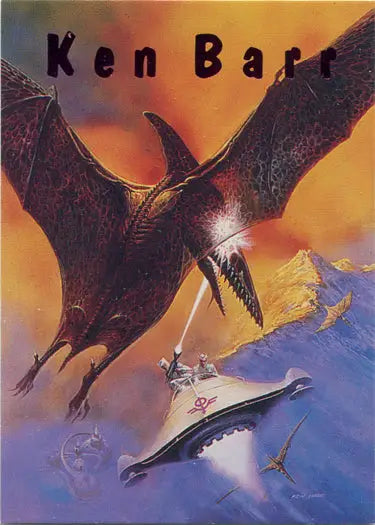 Flying pterodactyl-like creature in vibrant sky on Ken Barr Foil Chase Card F2