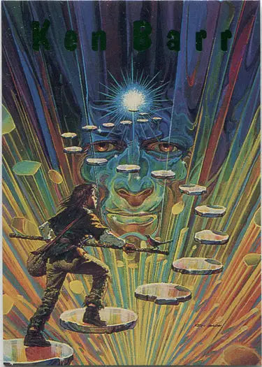 Futuristic figure leaps across platforms towards glowing entity in Ken Barr Foil Chase Card