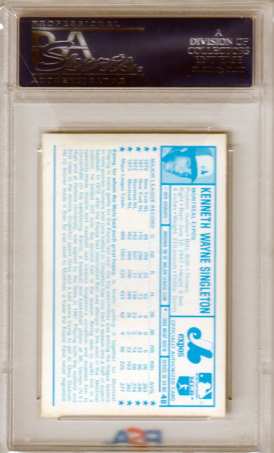 Graded baseball card of Ken Singleton from Kellogg’s Ken Singleton series for Columbia Hobby