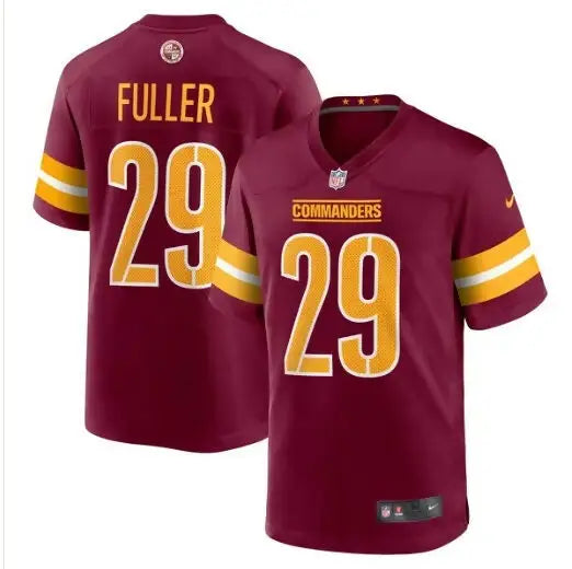Maroon and gold Washington Commanders Nike game jersey with 29 and Fuller on back