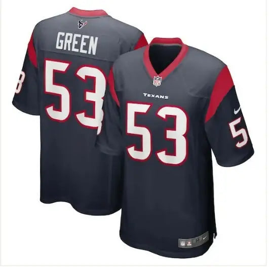 Dark blue Houston Texans Nike Team Game Jersey with white numbers and red accents