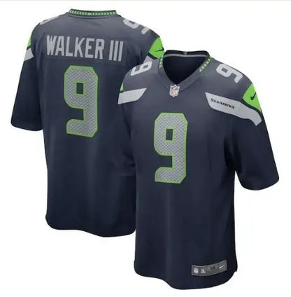 Two dark blue Seattle Seahawks Kenneth Walker III Nike Game Jerseys with neon green numbers