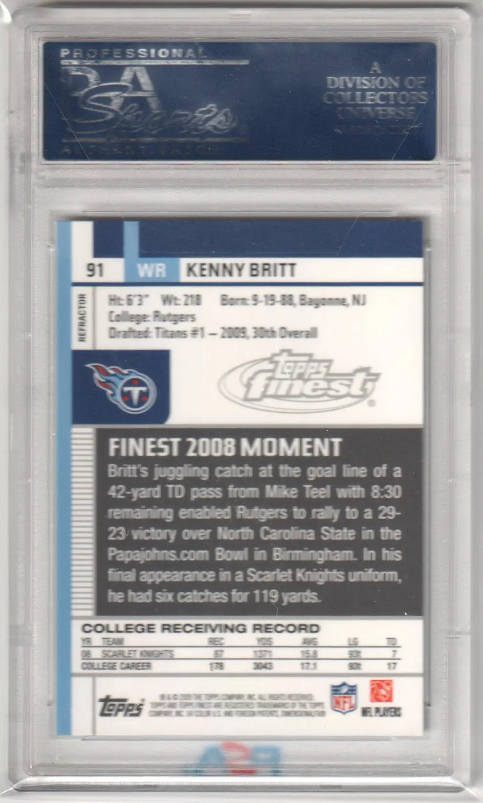 Kenny Britt football card from Topps Finest 2009, graded PSA 10 GEM, Columbia Hobby