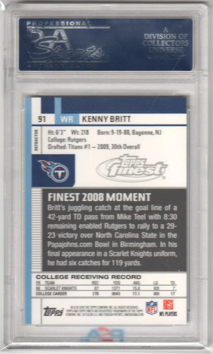 Kenny Britt football card from Topps Finest 2009, graded PSA 10 GEM, Columbia Hobby