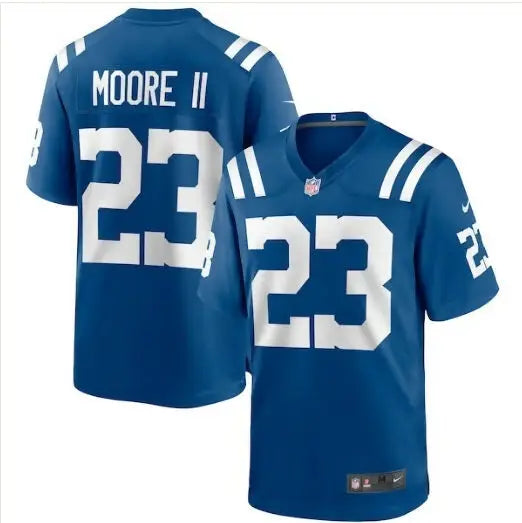 Two blue Indianapolis Colts Nike Game Jerseys with white numbers 23 and Moore II