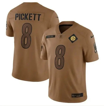 Two brown Kenny Pickett Pittsburgh Steelers Salute to Service jerseys with Picketts 8 on back