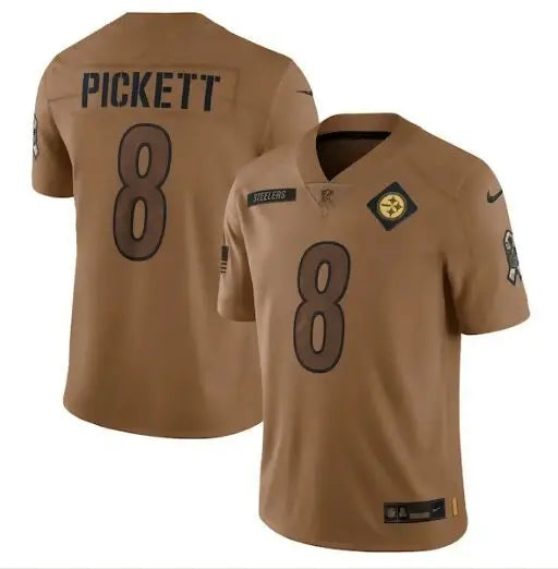 Two brown Kenny Pickett Pittsburgh Steelers Salute to Service jerseys with Picketts 8 on back